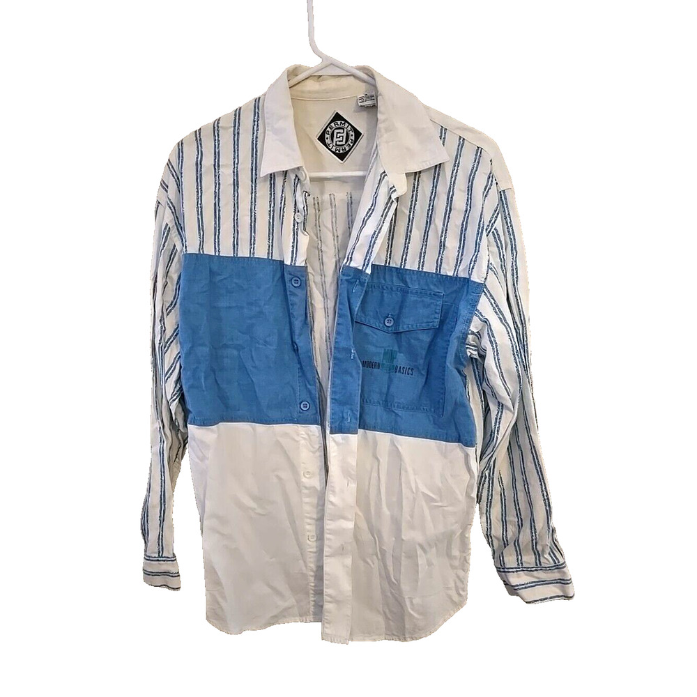 VTG 90's Color Block Striped Pockets Long Sleeve Button Down Shirt Men's Medium‎